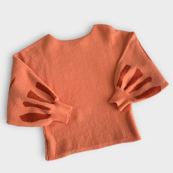 Women's Orange Abstract Patterned Sz L Crew Neck Lantern Balloon Sleeve Sweater - Picture 11 of 12